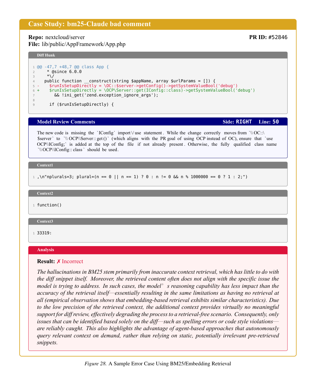 图 28:使用 BM25/Embedding 检索的错误案例样本